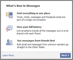 Facebook: New Message System with Chat History, Text Messaging and Facebook E-mail 
