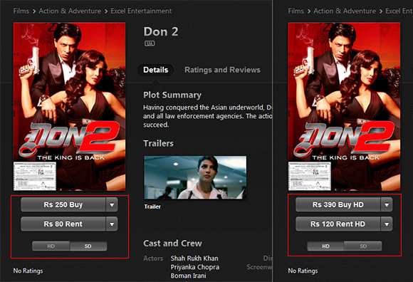 iTunes Movies in India rental prices and purchase prices for HD movies and SD movies.